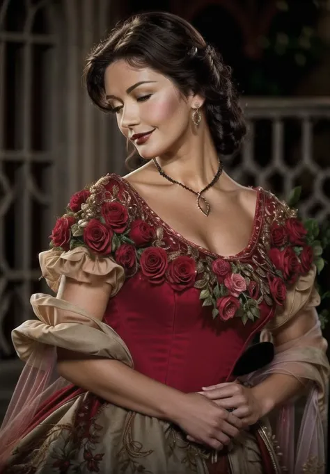 a woman in a red dress with a roseed dress and a necklace