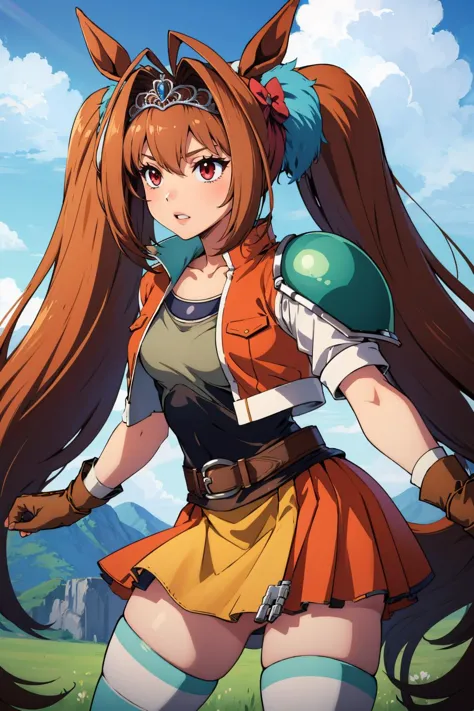 masterpiece, best quality,  <lora:estelle-nvwls-v2-final:0.8> cropped jacket, green shoulder pad, tan shirt, orange skirt, belt, white thighhighs, brown gloves  <lora:umamusume_daiwascarlet-10:1>  twintails, tiara, horse ears, horse tail