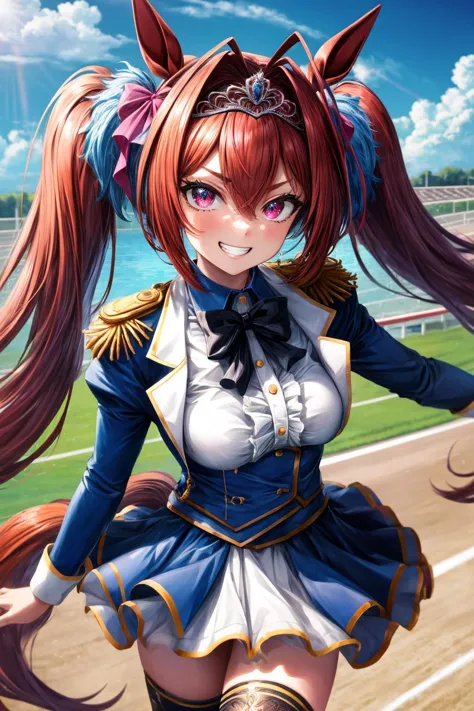 a woman in a uniform with long hair and a bow