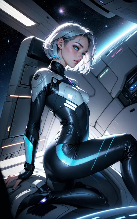 a woman in a futuristic suit sitting on a spaceship