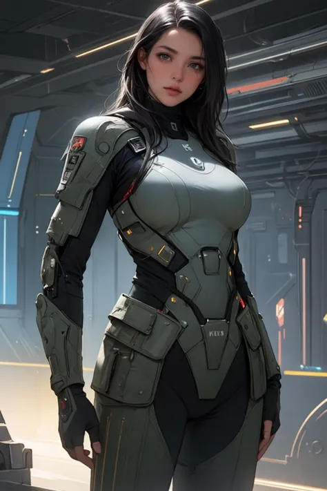 a woman in a futuristic suit standing in a room