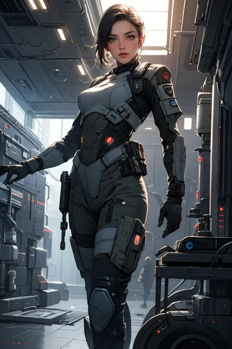 a woman in a futuristic suit walking through a room