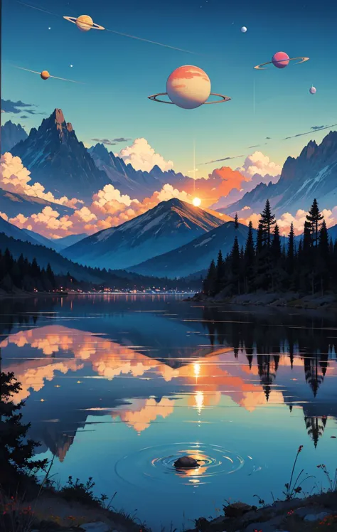 painting of a lake with mountains and planets in the sky