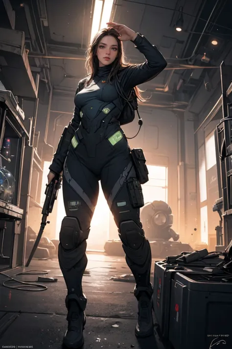 a woman in a black suit holding a gun in a warehouse