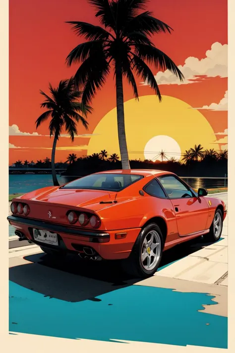 a red sports car parked on the side of a road near palm trees