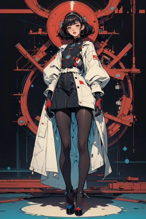 a woman in a white coat and black tights standing in front of a clock