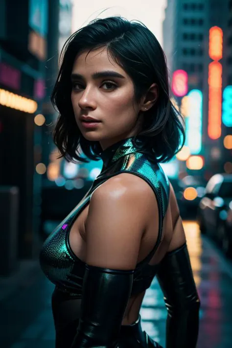 dian36ur3rr3r0, wearing holographic cyberpunk clothing, surrounded by neon-lit cityscape reflections, vray render, ray tracing, subsurface scattering, by Josan Gonzalez and Liang Mark (upper body shot), (looking at viewer:1.3), (hyper realistic:1.3), (portrait:1.2), highly detailed eyes, (highly detailed skin:1.3), (freckles:0.6), pores, (4k), back lit, rim light, <lora:Diane_Guerrero_PMv1a_Lora:1.3>,