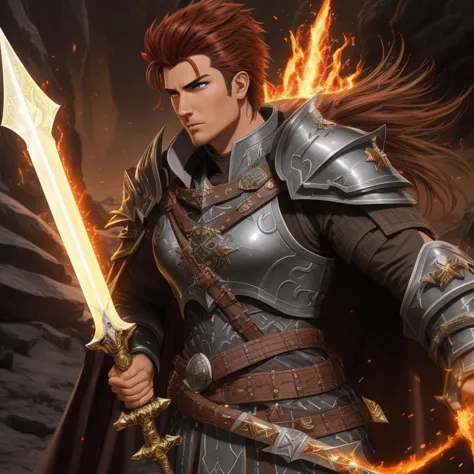 paladin wielding an enchanted sword, hero, average height, lean, triangular face, olive skin, auburn hair, gray eyes, long nose,...