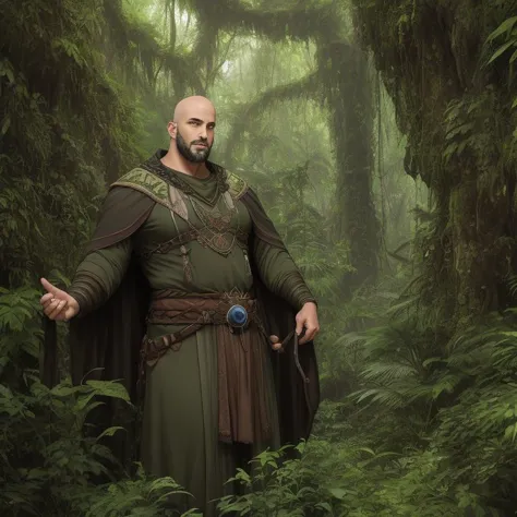 druid protecting the forest from invaders, gentleman, average height, slim, diamond-shaped face, olive skin, brown hair, gray ey...