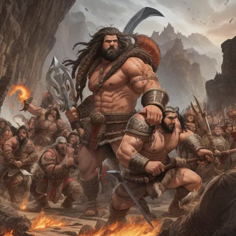 barbarian letting out a bloodcurdling roar as they charge into battle, wielding a massive battle axe, mogul, average height, sli...