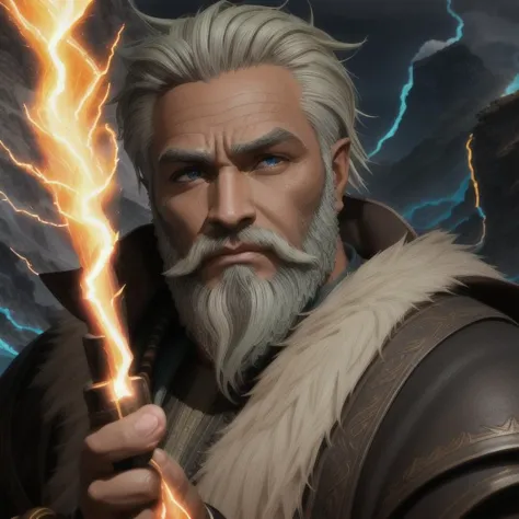 Sorcerer casting bolts of lightning from their fingertips, Sage, Average Height, Sculpted, Round Face, Dark Skin, Blonde Hair, teal Eyes, Short Nose, Pouty Lips, Receding Chin, Full Beard, Long, Crew Cut, A volcanic wasteland, with rivers of fire flowing into a molten sea, <lora:epiNoiseoffset_v2Pynoise:2>