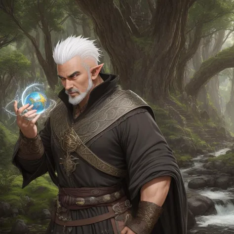 middle earth, summoner calling forth a dragon, duke, tall, slim, round face, dark skin, white hair, black eyes, straight nose, p...