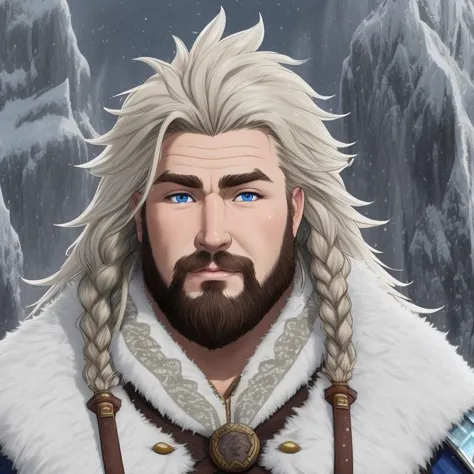 Paladin, Gentleman, Average Height, Obese, Round Face, Tan Skin, Chestnut Hair, Blue Eyes with Green Flecks, Narrow Nose, Full Lips, Round Chin, Stubble, Shoulder-length, Dreadlocks, A frozen tundra, with icy peaks and frozen lakes stretching as far as the eye can see, <lora:epiNoiseoffset_v2Pynoise:2>