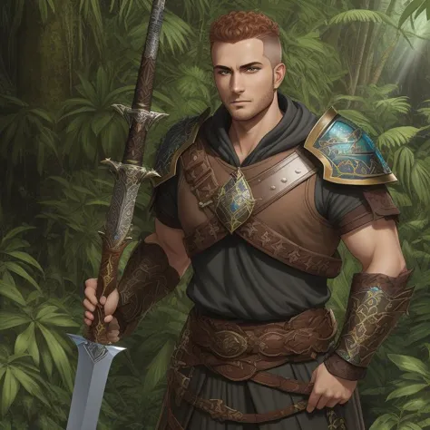 paladin wielding an enchanted sword, icon, average height, toned, oval face, tan skin, auburn hair, teal eyes, short nose, full ...