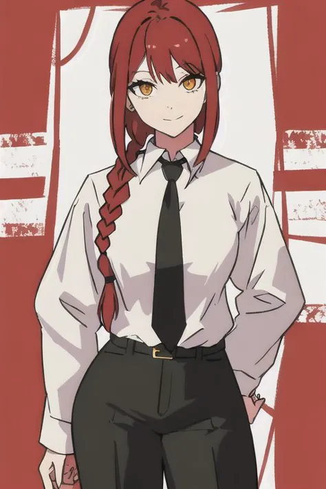 makima \(chainsaw man\),standing, red hair, long braided hair, golden eyes, bangs, white shirt, necktie, stare, smile, ringed ey...