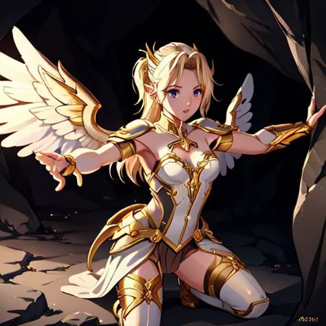 (masterpiece, best quality, beautiful, realistic, realistic lighting), 1girl, mercy, angel,  IvoryGoldAI, fighting orcs in a dar...