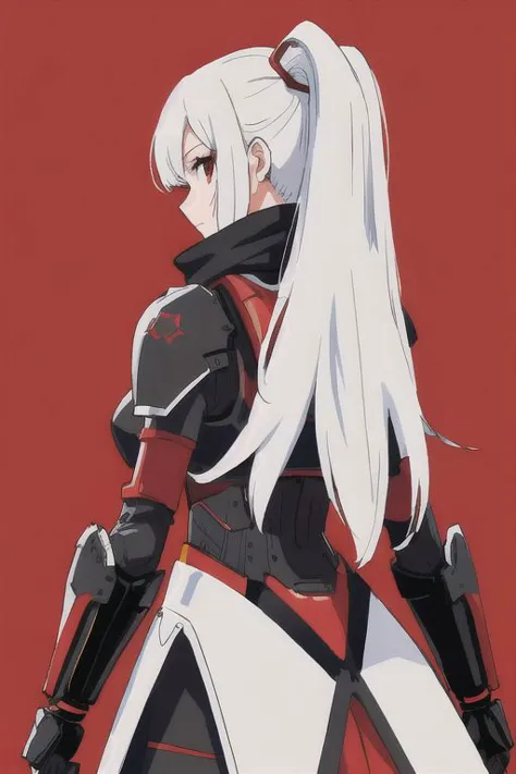 high quality, 1girl, android, (black and red) upper armor, mechanical arms, scarf, long hair, white hair, standing, red backgrou...
