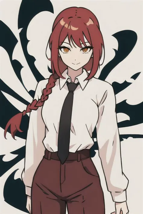 makima \(chainsaw man\),standing, red hair, long braided hair, golden eyes, bangs, white shirt, necktie, stare, smile, ringed ey...