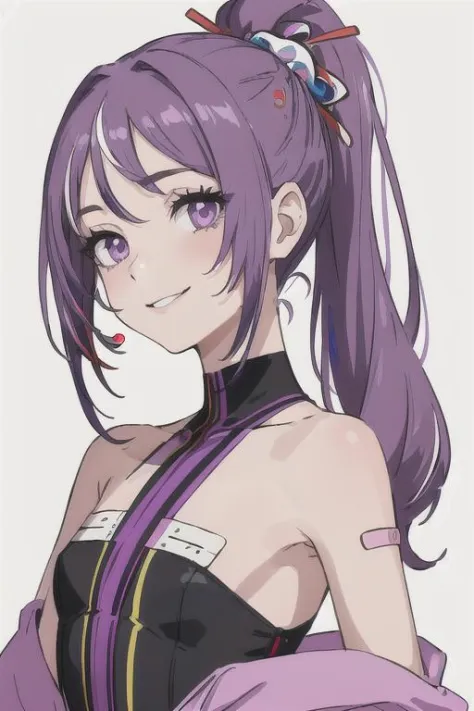 (best quality, masterpiece:1.2) (portrait), melody, hair ornament, multicolored hair, purple hair, sidelocks, streaked hair, bandaid, bandaid on face, bandaid on nose, bare shoulders, leotard, ponytail, cute smile, flat vector