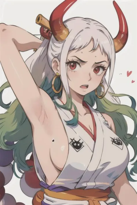 yamato\(one piece\),hair ornament,kimono,sweat,oni,earrings,japanese clothes,1girl,hoop earrings,sleeveless,hair stick,multicolored hair,looking at viewer,upper body,red eyes,solo,curled horns,horns,sideboob,green hair,cleavage,sleeveless kimono,long hair,...