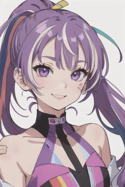 (best quality, masterpiece:1.2) (portrait), melody, hair ornament, multicolored hair, purple hair, sidelocks, streaked hair, bandaid, bandaid on face, bandaid on nose, bare shoulders, leotard, ponytail, cute smile, flat vector