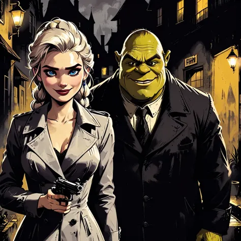 Frozen  (Elsa:1.3) in a small cocktail dress and  (bald  Shrek huge ogre  :1.3) in a  trench coat, ( pistol in hand:1.3), (gun in hand:1.2), (smug smirk  :1.2), (smiling grin face:1.1), on a dark backstreet , sin city aesthetic,  (film noir:0.8), pulp fiction comic style   Dark Novel