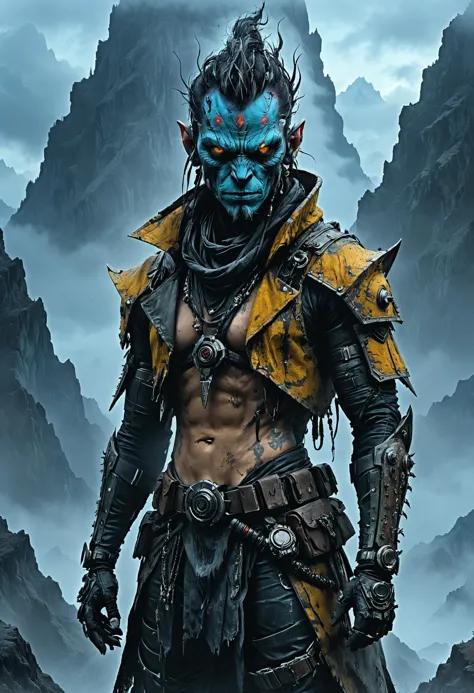 <lora:evil_villain:1> evil villain Cyberpunk nomad with adaptive chameleon skin, <lora:EnvyCreativeOutfitXL01:1>, Mountain summi...