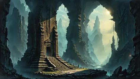 Die Ruinen einer außerirdischen Zivilisation, Lichtsäulen beleuchten heilige außerirdische Tempel im Hintergrund, tolle Beleuchtung, harte Beleuchtung, ColorART