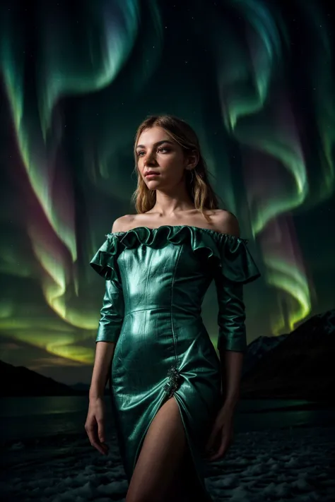 a woman in a green dress standing in front of an aurora light