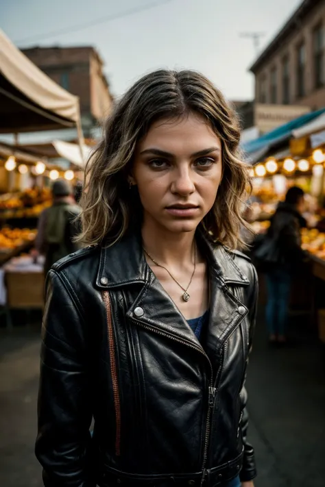 arafed woman in a leather jacket standing in a market