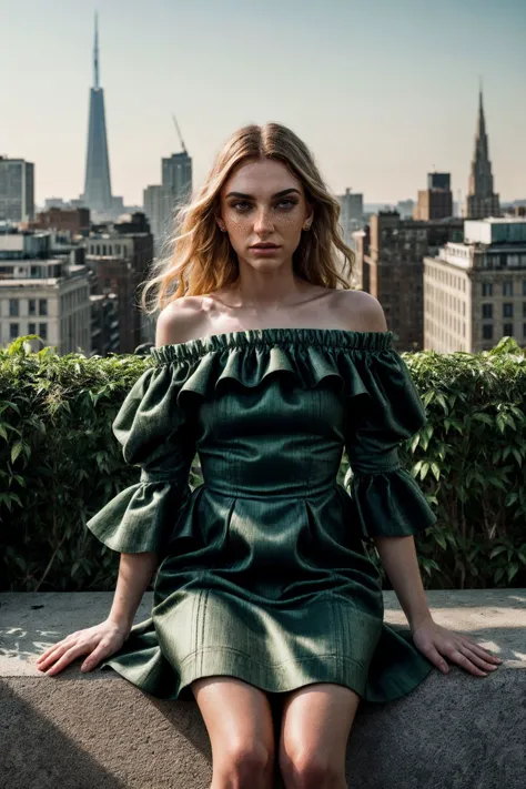 a woman sitting on a ledge in a green dress