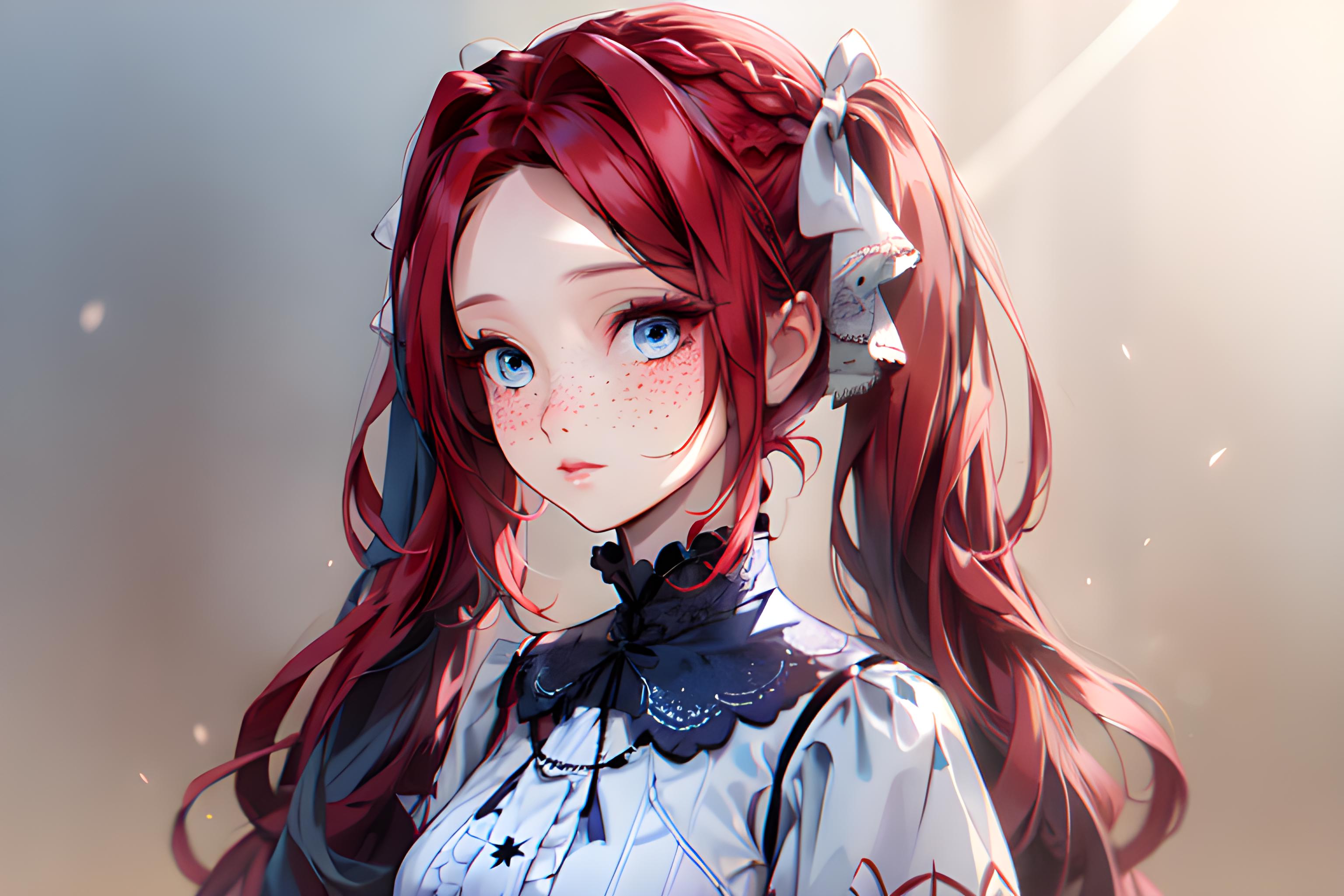 Anime girl with red hair and blue eyes in a white shirt - SeaArt AI