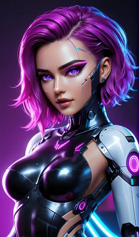 neonpunk style neonpunk style futuristic style biomechanical style (((Ultra-detailed, Hyper-realistic, 8k, highres, masterpiece)))1woman,breasts,hologram,makeup,multicolored_hair,solo,cybernetic, cybernetic implants,cybernetic body parts, cybernetic eye<lora:age_slider_v2:3>,<lora:extremely_detailed:0.8>,extremely detailed,<lora:more_details:1>,<lora:DetailedEyes_V3:0.8>,kkw-detailMe-v1.0,kkw-b-bb,<lora:zavy-cbrpnk-sdxl:0.8>,zavy-cbrpnk,faceplate,<lora:mshn:0.8>,mshn,mshn robot,, blend of organic and mechanical elements, futuristic, cybernetic, detailed, intricate, sleek, modern, ultramodern, high tech, detailed, cyberpunk, vaporwave, neon, vibes, vibrant, stunningly beautiful, crisp, detailed, sleek, ultramodern, magenta highlights, dark purple shadows, high contrast, cinematic, ultra detailed, intricate, professional . cyberpunk, vaporwave, neon, vibes, vibrant, stunningly beautiful, crisp, detailed, sleek, ultramodern, magenta highlights, dark purple shadows, high contrast, cinematic, ultra detailed, intricate, professional