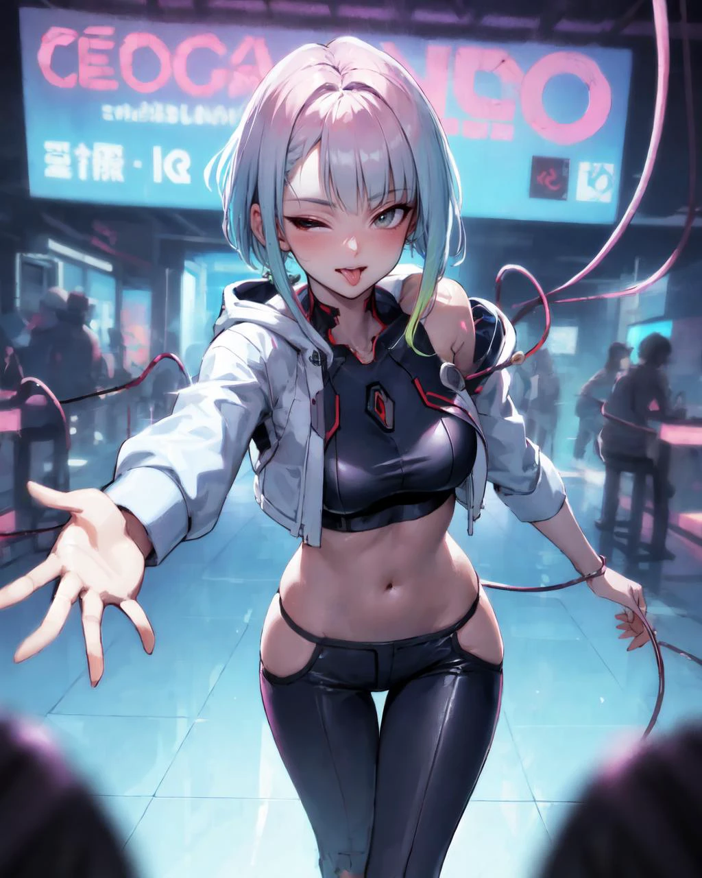 masterpiece, best quality, absurdres, (cables connected mecha clothes:1.2), (cyberpunk, neon lights:1.2), lu1 cyborg, multicolored hair, makeup, (grey eyes), medium breasts BREAK (open jacket, neon hoodie jecket), neon sport bar, midriff, (slender:0.7), collarbone, (linea alba:1.2), (abs:0.75), navel, navel, running pants,  , hologram, looking at viewer, (detailed eyes, tsurime:1.1) wink, one eye closed, playful smile, (tongue out:1.2), nice hands, perfect hands, Beautiful Finger, BREAK  (cyberpunk, neon trim, neon lights:1.2), neon city, holographic interface, hologram, (neon cables:1.3), (Deep Depth Of Field:1.2), (perfect anatomy), Volumetric Lighting