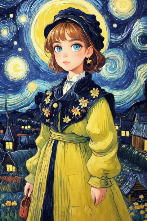 a painting of a girl in a yellow dress and hat