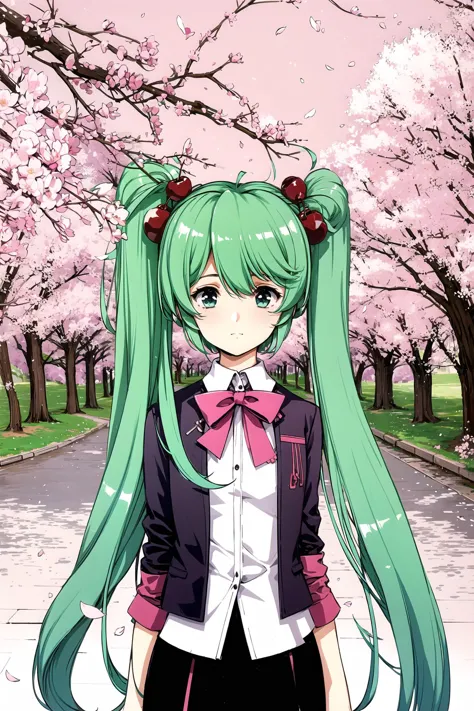 anime girl with green hair and pink bow standing in front of cherry trees