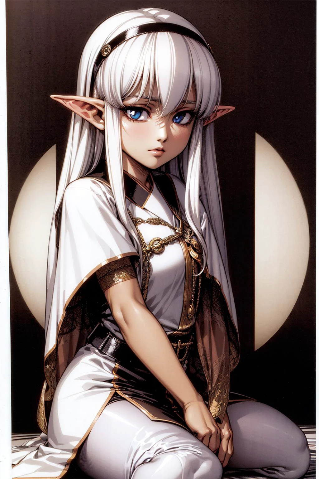 (urushihara satoshi), 1 garota, sacerdotisa, orelhas de elfo, cabelo branco, olhos azuis, arte por (Becky Cloonan:1.3), 