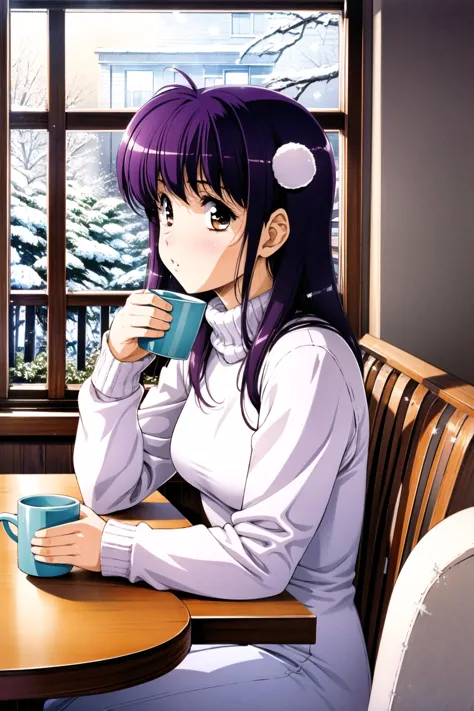 1girl, solo, window, sitting, cup, drinking, mug, hair bobbles, purple hair, brown eyes, long sleeves, hair ornament, dress, sno...