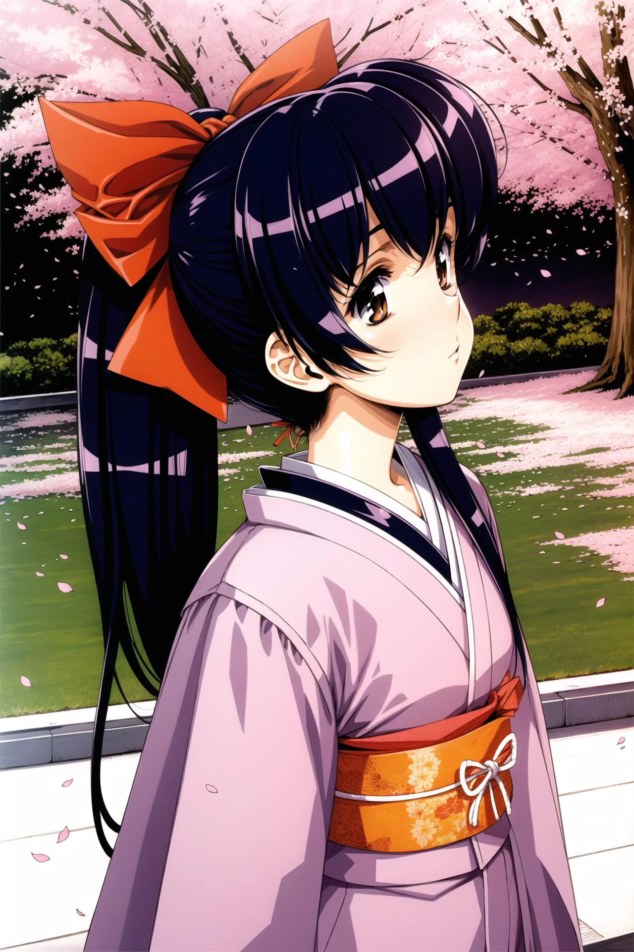 1個女孩, 獨自的, 弓,長髮, red 弓, 日本衣服, 馬尾辮, hair 弓, 棕色的眼睛, 黑髮, 藍頭髮, 櫻花
