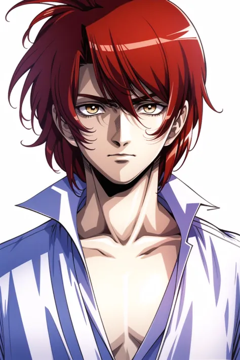 <lora:qiyuanzhizhi_128:0.8>,1boy, male focus, solo, red hair, white background, looking at viewer, yellow eyes, simple backgroun...