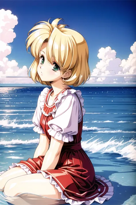 anime girl sitting on the beach looking at the ocean