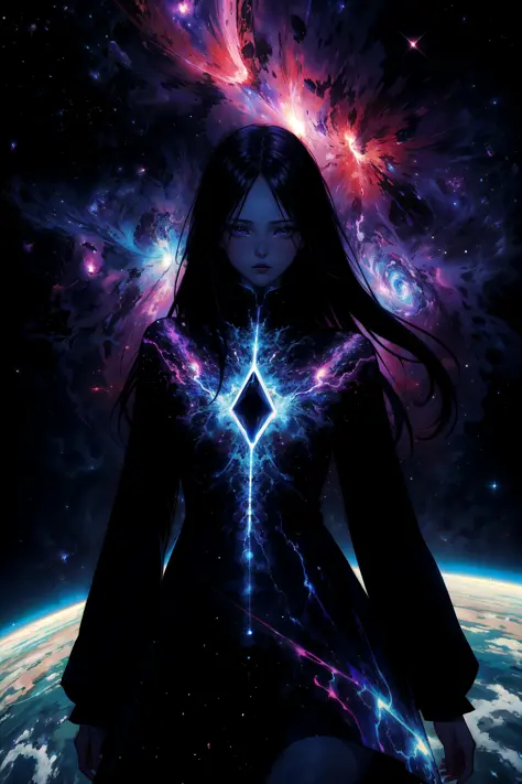 masterpiece, best quality, ultra high res, (abstract art:1.3), (dark art:1.3), deep shadow, dark theme, 1girl, cosmic dress, cosmic beauty, in space, nebula, nice hands, perfect hands,