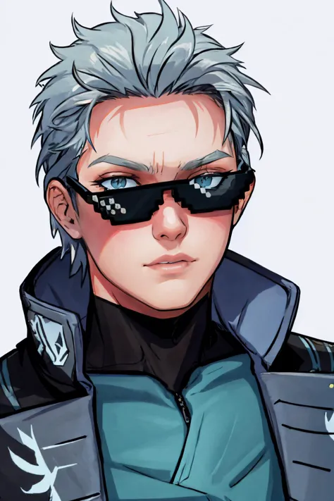 a drawing of a man with grey hair and sunglasses