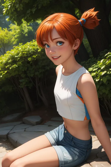 pkmnmisty, 1girl, solo, blue eyes, orange hair, short hair, side ponytail, bangs, hair tie,
white shirt, crop top, sleeveless, s...