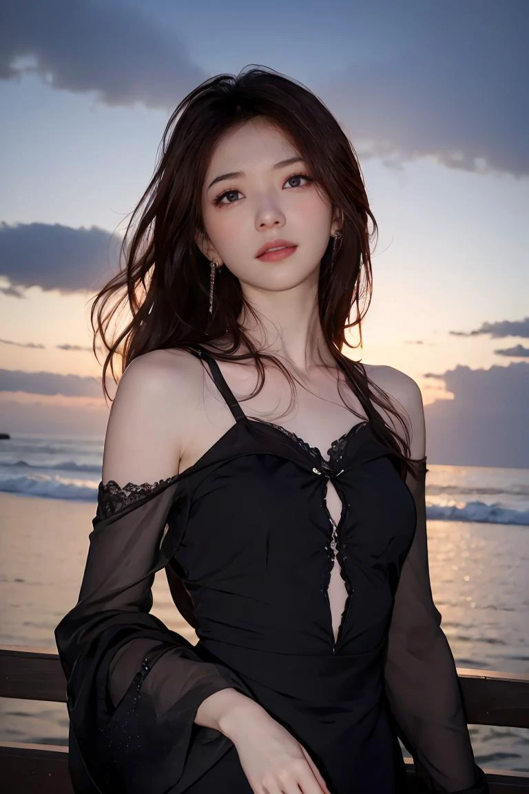 1girl, high quality, masterpiece, standing, looking at viewer, mole, black dress, see-through, lace trim ,upper body,ocean, small breasts, mole, parted lips, night, crescent, dim light, 