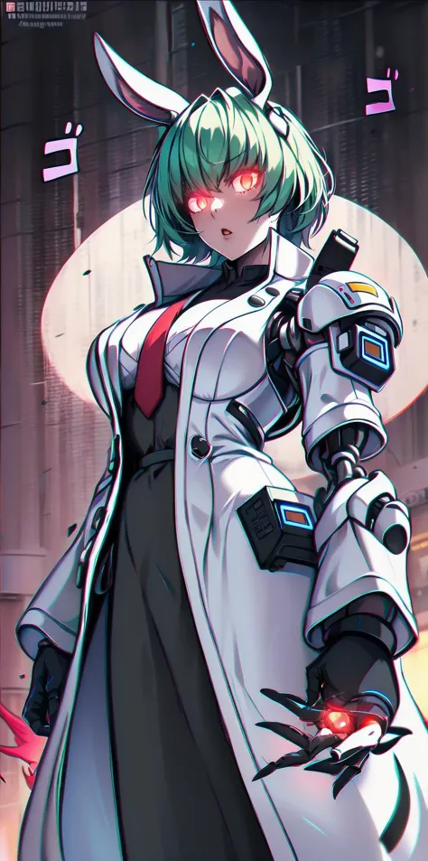 solo, 1girl, (white long fluffy bunny ears.1.5), green hair, <lyco:GoodHands-beta2:1.0>, <lyco:image_compositionLoCon:1.0>,black military uniform, jacket, jet black skirt, red tie, oversized mechanical gauntlets, claws on fingers, (red glowing eyes:1.5), violence, <lyco:Robotaction:0.2>, debris, motion lines, speed lines, <lora:urbantechwear:0.35>, techwear, outfit, mechanical limbs, exciting camera angle, MenacingJojo, text, <lora:MenacingJojo:1>, red eyes, full armor, power armor, mecha, gundam, (PALE SKIN:1.25), <lora:add_detail:0.35>, nice hands, perfect hands, military jacket, overcoat,