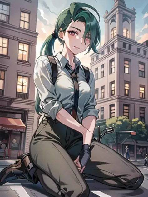 beautiful, masterpiece, best quality, extremely detailed face, perfect lighting, 1girl, solo, hair over one eye, ponytail, collared shirt, eyelashes, pants, suspenders, necktie, earrings, BREAK
surprised, embarrassed, open mouth, distant view, zoomed out, ((full body)),RAW photo, (masterpiece), best quality, extremely detailed, delicate and beautiful, photorealistic illustration, one (macrogts:1.2|mesogts:1.2) (woman), (solo), (minigts), giant, giantess, beautiful eyes, sharp, (looking at viewer), dynamic light,(full body portrait), outside, (sitting between apartment buildings at sunset), looking over building, looming, ((sitting beside cars)), (((cars))), buses, vans, door, window, table, chair, tiny people in background, skyscrapers in background, brownstone buildings, street, streetlight, traffic light, sidewalk, empty pizza boxes, 8k uhd, dslr, soft lighting, high quality, film grain, (smile512),