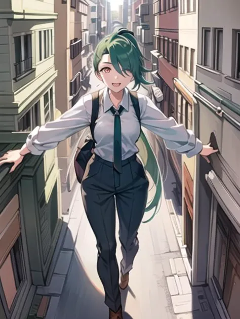 beautiful, masterpiece, best quality, extremely detailed face, perfect lighting, 1girl, solo, <lora:PokeRika:0.7>, hair over one eye, ponytail, collared shirt, eyelashes, pants, suspenders, necktie, earrings, BREAK
spread arms, outstretched arms, smile, open mouth, from above ((full body)),<lora:add_detail:0.1> , RAW photo, (masterpiece), best quality, extremely detailed, delicate and beautiful, photorealistic illustration, one (macrogts:1.2|mesogts:1.2) (woman), (solo), (minigts), giant, giantess, beautiful eyes, sharp, (looking at viewer), dynamic light,(full body portrait), outside, (sitting between apartment buildings at sunset), looking over building, looming, ((walking over cars)), (((cars))), buses, vans, door, window, table, chair, tiny people in background, skyscrapers in background, brownstone buildings, street, streetlight, traffic light, sidewalk, empty pizza boxes, 8k uhd, dslr, soft lighting, high quality, film grain, (smile512),<lora:minigts_v3_lycoris:0.7>
,