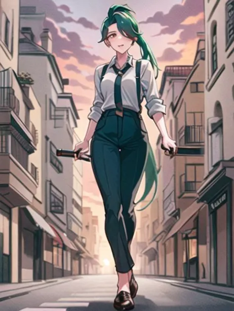 beautiful, masterpiece, best quality, extremely detailed face, perfect lighting, 1girl, solo, hair over one eye, ponytail, collared shirt, eyelashes, pants, suspenders, necktie, earrings, BREAK
surprised, embarrassed, open mouth, distant view, zoomed out, ((full body)),RAW photo, (masterpiece), best quality, extremely detailed, delicate and beautiful, photorealistic illustration, one (macrogts:1.2|mesogts:1.2) (woman), (solo), (minigts), giant, giantess, beautiful eyes, sharp, (looking at viewer), dynamic light,(full body portrait), outside, (walking between apartment buildings at sunset), (hand on building), (hands on buildings), looking over building, looming, ((walking beside cars)), (((cars))), buses, vans, door, window, table, chair, tiny people in background, skyscrapers in background, brownstone buildings, street, streetlight, traffic light, sidewalk, empty pizza boxes, 8k uhd, dslr, soft lighting, high quality, film grain, (smile512),