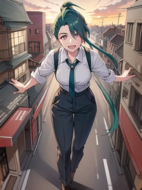 beautiful, masterpiece, best quality, extremely detailed face, perfect lighting, 1girl, solo, hair over one eye, ponytail, collared shirt, eyelashes, pants, suspenders, necktie, earrings, BREAK
spread arms, outstretched arms, smile, open mouth, from above ((full body)),RAW photo, (masterpiece), best quality, extremely detailed, delicate and beautiful, photorealistic illustration, one (macrogts:1.2|mesogts:1.2) (woman), (solo), (minigts), giant, giantess, beautiful eyes, sharp, (looking at viewer), dynamic light,(full body portrait), outside, (sitting between apartment buildings at sunset), looking over building, looming, walking over cars, buses, vans, door, window, table, chair, tiny people in background, skyscrapers in background, brownstone buildings, street, streetlight, traffic light, sidewalk, empty pizza boxes, 8k uhd, dslr, soft lighting, high quality, film grain, (smile512),